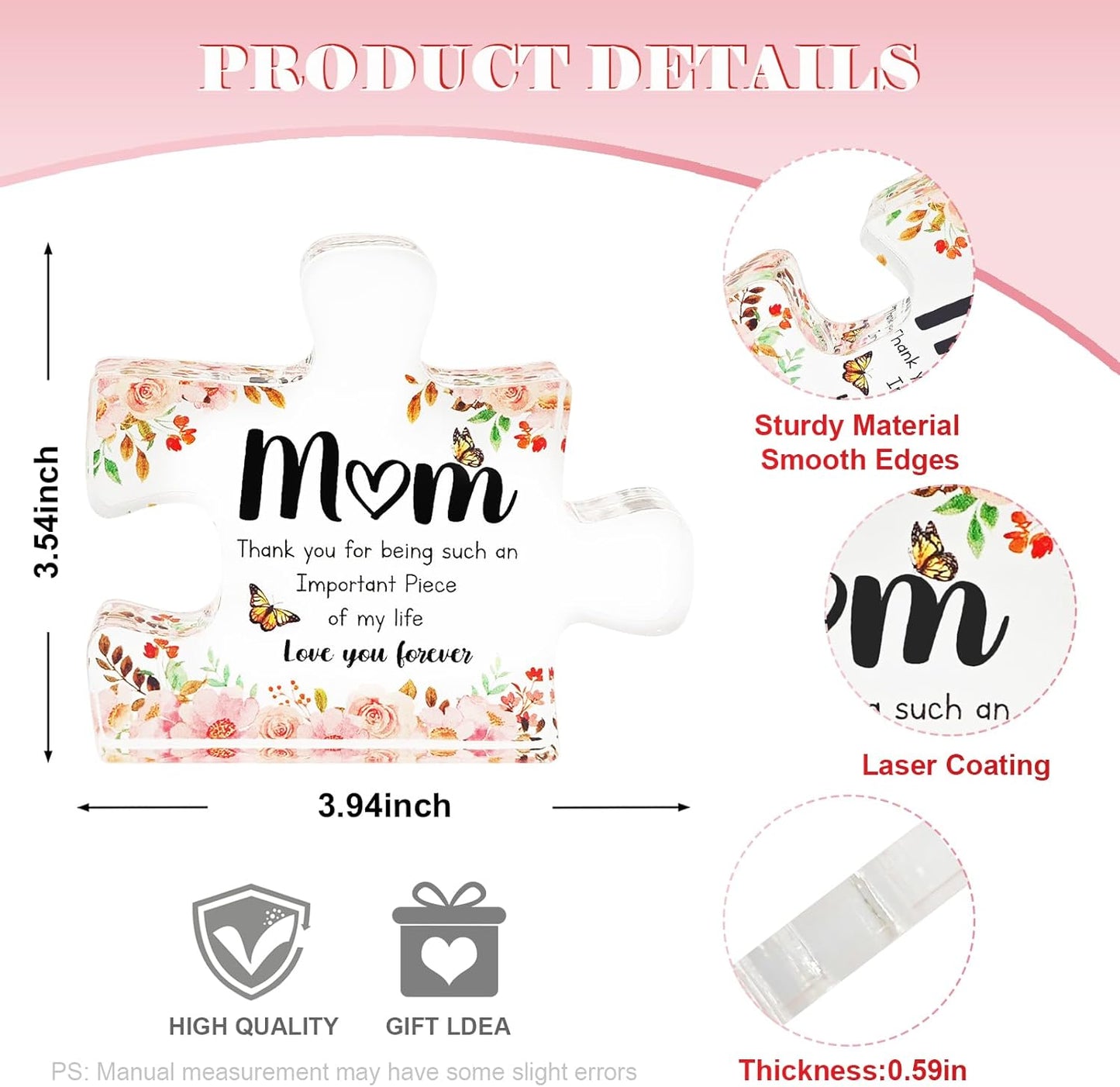Exquisite Acrylic Puzzle Gift for Mom, Express Love and Gratitude to Mother, Mothers Gifts from Daughter Son Decorative Acrylic Block Personalized Gifts for Mom (Pink)