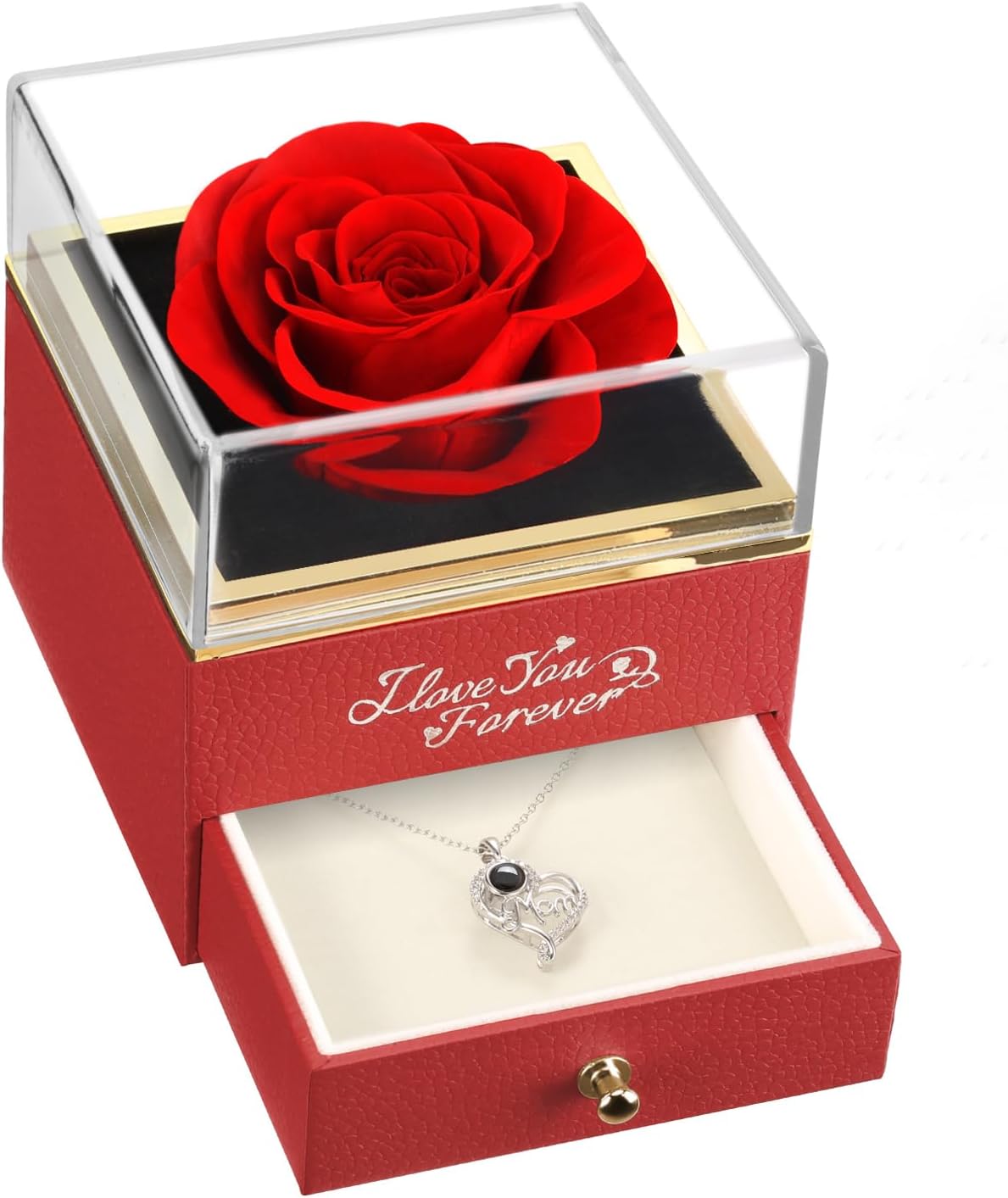 Preserved Real Red Rose with Mom Necklace - Gifts for Mothers Day, Christmas, Birthday Gifts for Mom - Long Lasting Forever Flowers Best Presents for Moms