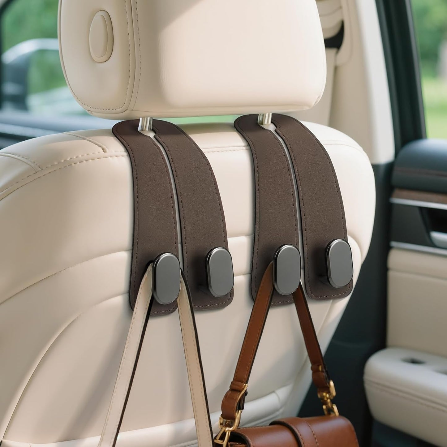 Car Seat Headrest Hooks - 2 Pack Universal Car Purse Hook, Leather Car Bag Purse Holder with Double Metal Hooks for Handbags, Grocery Bags, Bottles, Phones