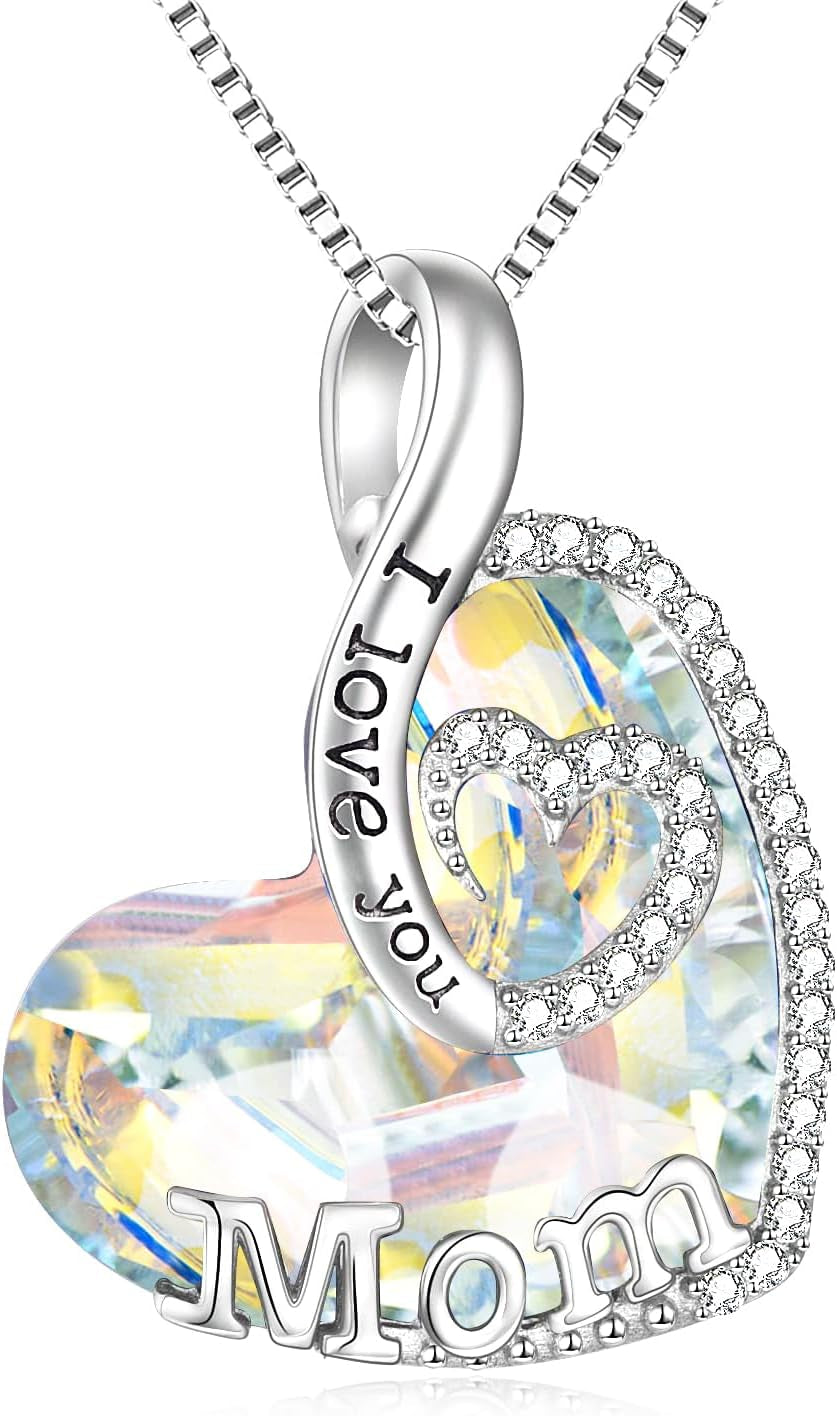Gift for Mom Sterling Silver I Love You Mom Jewelry with Heart Crystal Birthday Gifts for Mom from Son Daughter