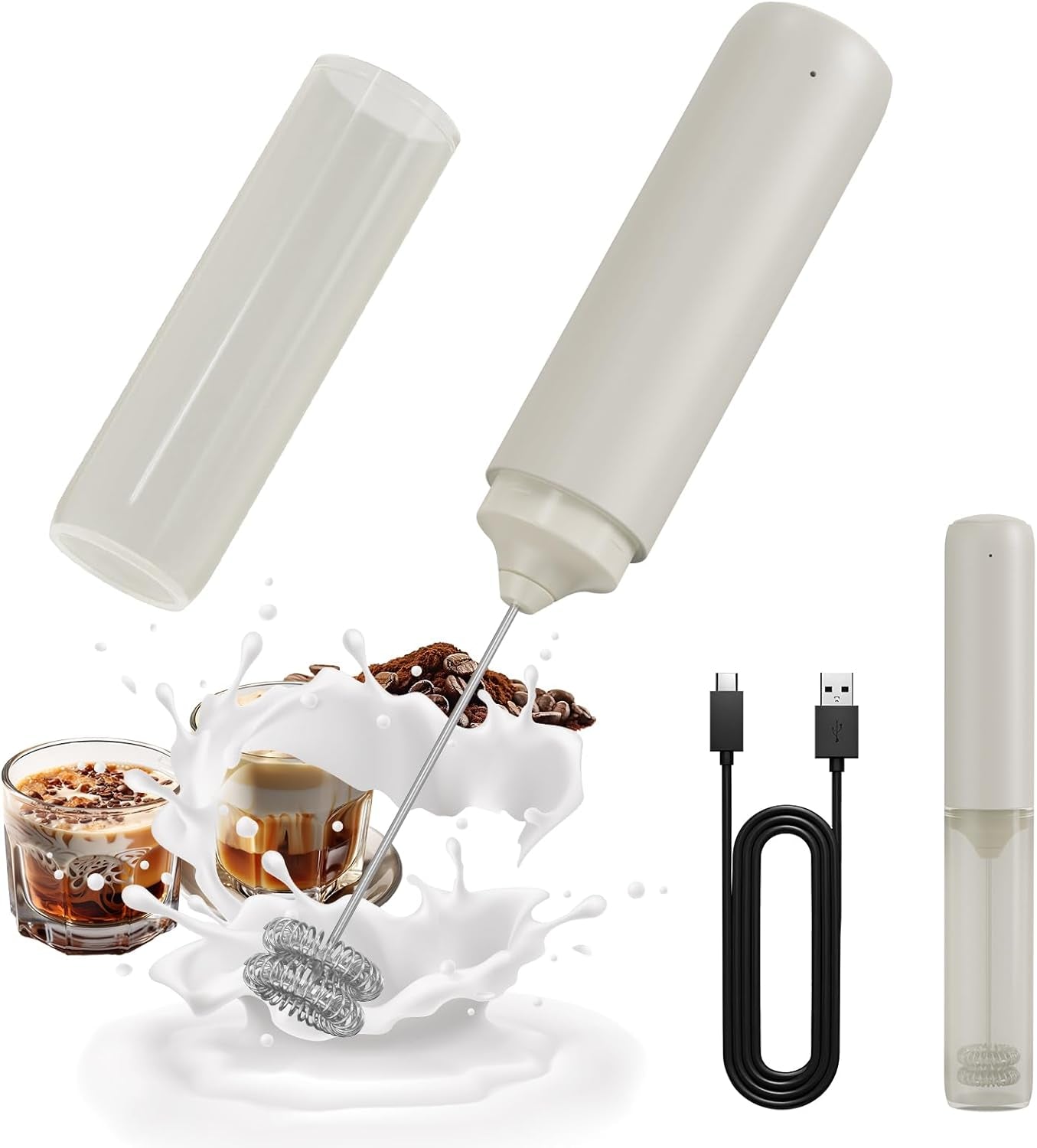 Rechargeable Milk Frother Hanheld, Dual Spring Whisk Electric Coffee Frother, Portable Hand Frother Wand Drink Mixer for Matcha Lattes Cappuccino, Kitchen Gifts, Black