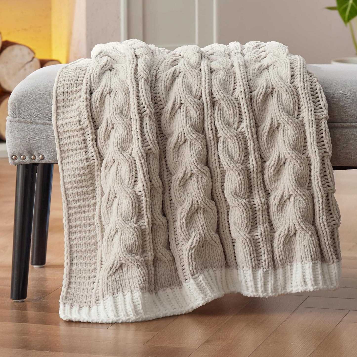 Cable Knit Throw Blanket for Couch Bed - Breathable Chenille Chunky Knit Throw Blanket for Decorative Gift, Gentlesoft Cozy and Warm for Winter and All Seasons, Beige, 50X60 Inches