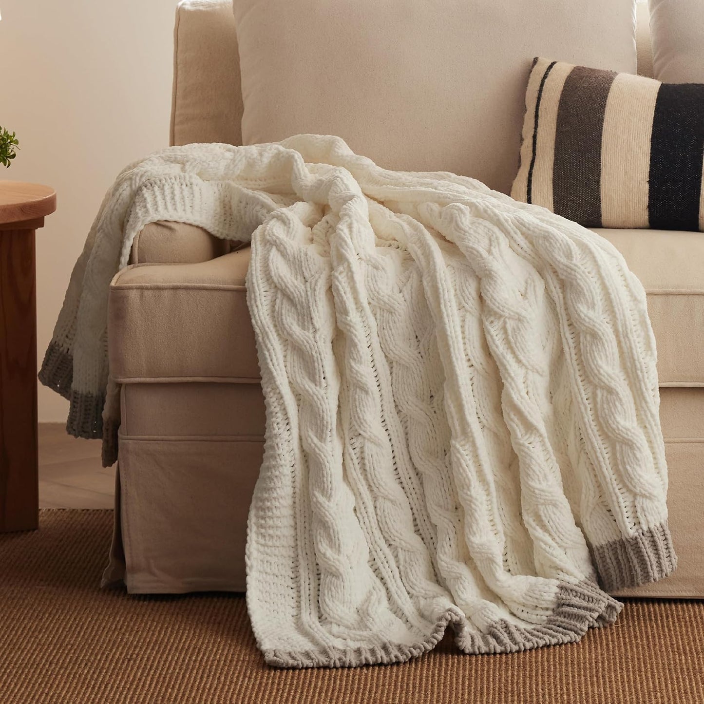 Cable Knit Throw Blanket for Couch Bed - Breathable Chenille Chunky Knit Throw Blanket for Decorative Gift, Gentlesoft Cozy and Warm for Winter and All Seasons, Beige, 50X60 Inches