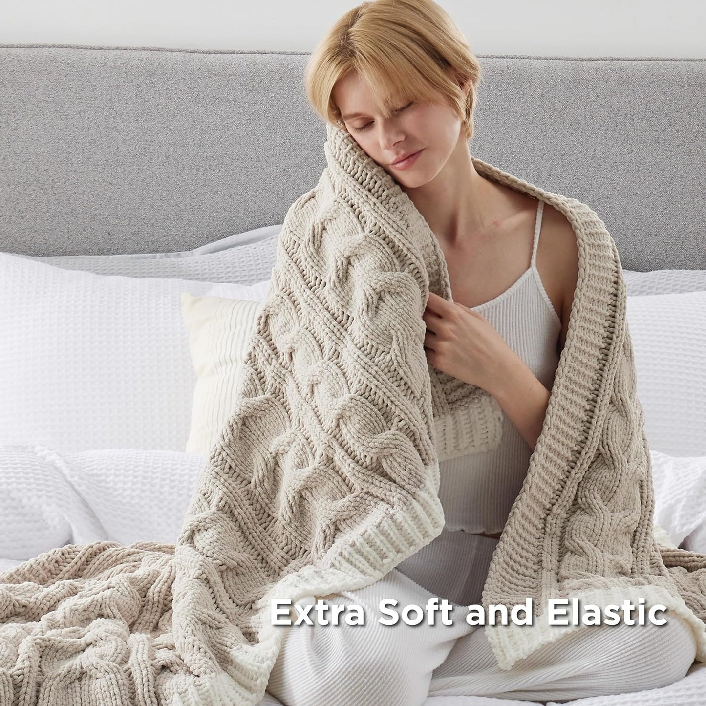 Cable Knit Throw Blanket for Couch Bed - Breathable Chenille Chunky Knit Throw Blanket for Decorative Gift, Gentlesoft Cozy and Warm for Winter and All Seasons, Beige, 50X60 Inches