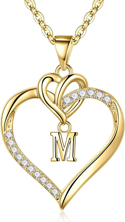 Heart Initial Necklaces for Women Girls, 14K Gold Plated Cubic Zirconia Heart Initial A-Z Pendant Necklace Dainty Heart Necklaces for Women Teen Girl Jewelry Birthday Gifts