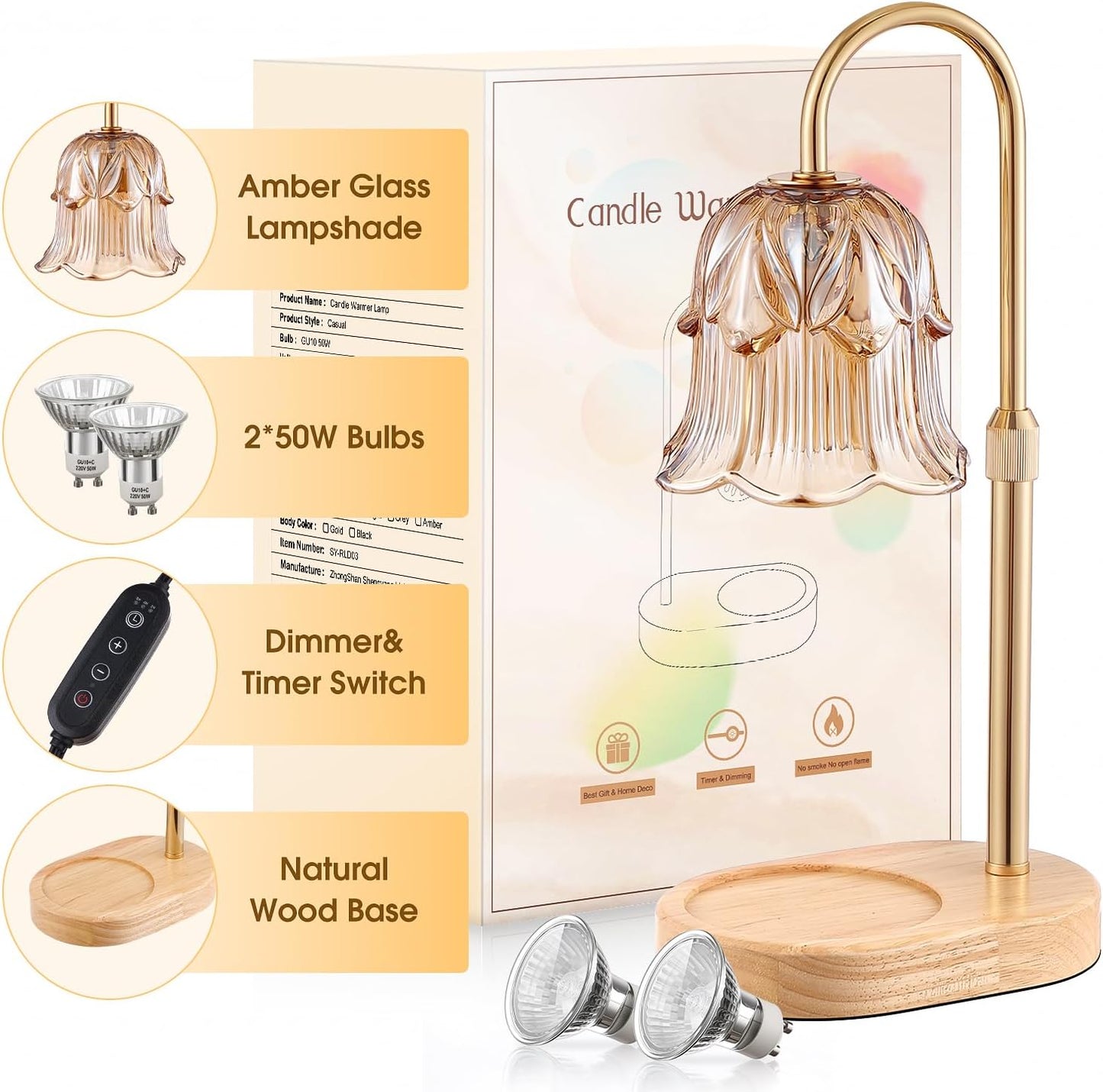 Candle Warmer Lamp Adjustable Timer - Electric Flower Glass Candles Warmers Adjustable Height Dimmable Vintage Base Modern Wax Candles Top Warmers for Small Jar Scented Wax Melts