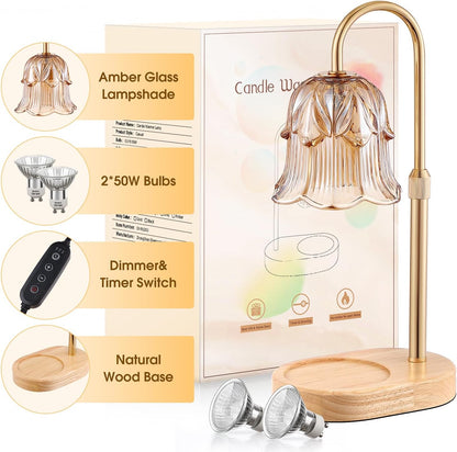 Candle Warmer Lamp Adjustable Timer - Electric Flower Glass Candles Warmers Adjustable Height Dimmable Vintage Base Modern Wax Candles Top Warmers for Small Jar Scented Wax Melts