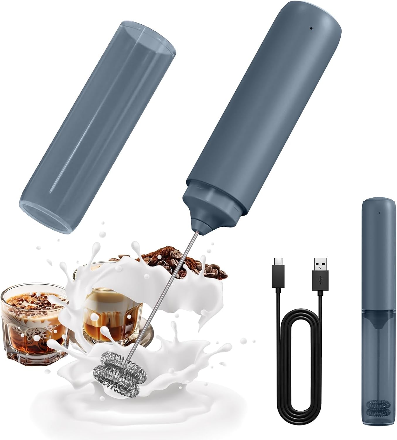 Rechargeable Milk Frother Hanheld, Dual Spring Whisk Electric Coffee Frother, Portable Hand Frother Wand Drink Mixer for Matcha Lattes Cappuccino, Kitchen Gifts, Black
