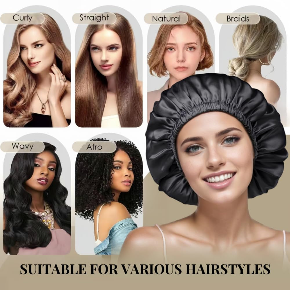 Satin Bonnet Silk Bonnet for Sleeping Women and Men, Ajustable Hair Bonnet for Curly Hair with Double Layer Hair Bonnet,Black - Black,Medium