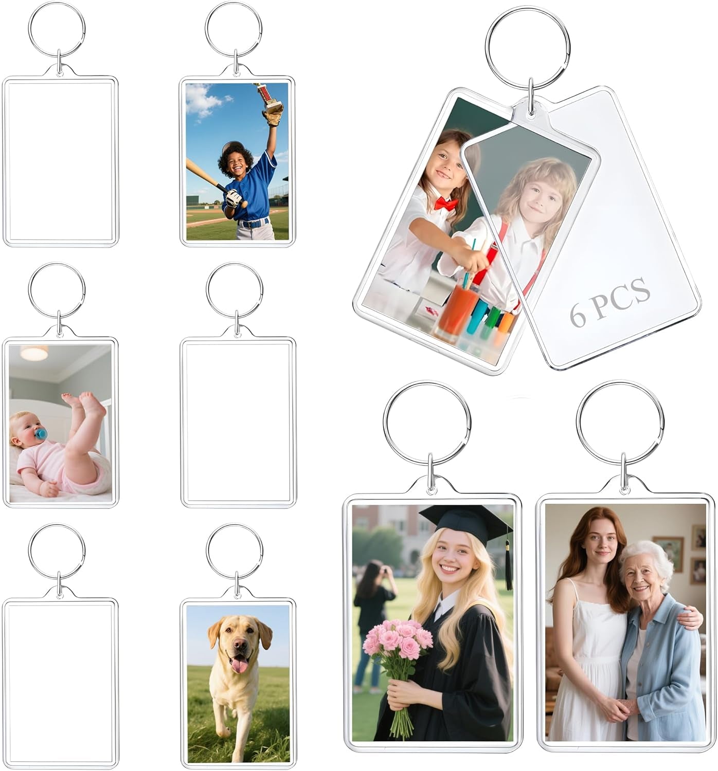 Personalized Custom Picture Frame Keychain 6PCS Acrylic Clear Rectangle Photo Keychain Blanks DIY for Loved Ones Keepsakes