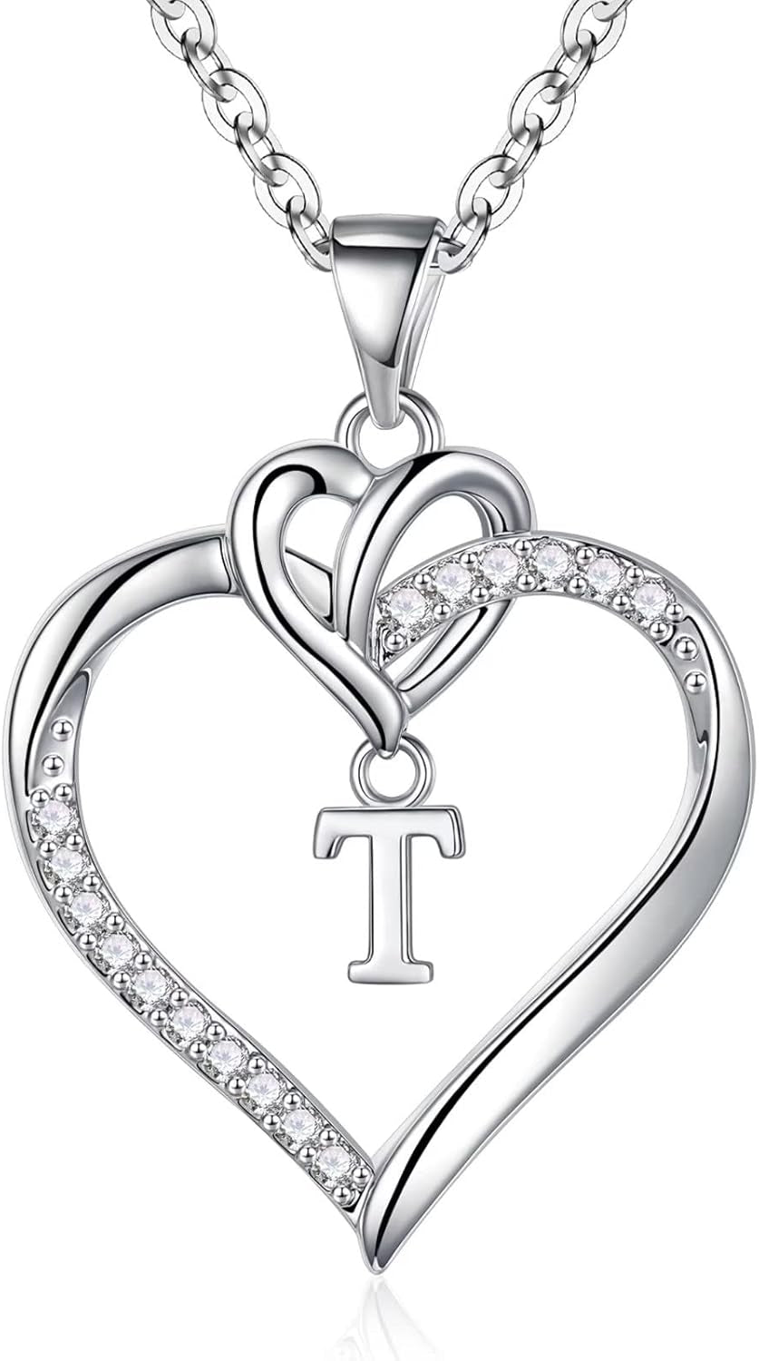 Heart Initial Necklaces for Women Girls, 14K Gold Plated Cubic Zirconia Heart Initial A-Z Pendant Necklace Dainty Heart Necklaces for Women Teen Girl Jewelry Birthday Gifts