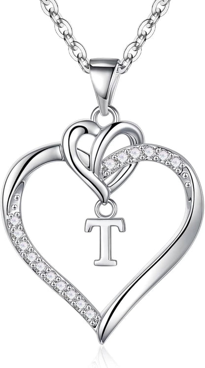Heart Initial Necklaces for Women Girls, 14K Gold Plated Cubic Zirconia Heart Initial A-Z Pendant Necklace Dainty Heart Necklaces for Women Teen Girl Jewelry Birthday Gifts