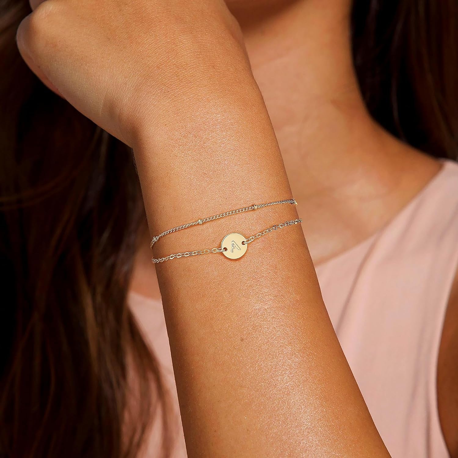 Gold Bracelets for Women Jewelry Gifts - Dainty 18K Real Gold Plated Disc Monogram Letter A-Z Initial Bracelets for Women Trendy Personalized Letter Bracelet Jewelry Gifts for Her