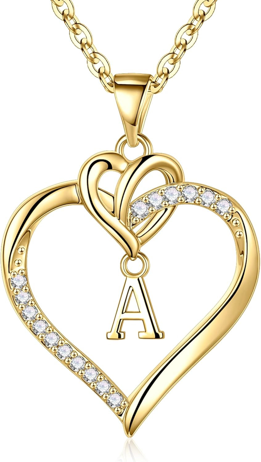 Heart Initial Necklaces for Women Girls, 14K Gold Plated Cubic Zirconia Heart Initial A-Z Pendant Necklace Dainty Heart Necklaces for Women Teen Girl Jewelry Birthday Gifts