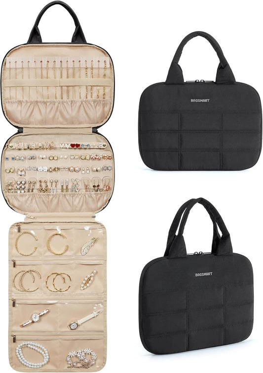 Jewelry Travel Case, Hanging Jewelry Organizer with Zipper Pockets, Large Capacity Puffy Jewelry Roll for Earrings, Necklaces, Rings on Closet, Wall, Door, Portable Travel Essentials, Black