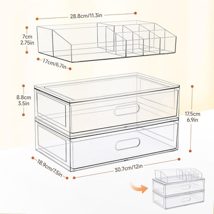 Clear Stackable Makeup Organizer with Drawer, 12''W Acrylic Storage Drawers, Cosmetic Display Case for Vanity Bathroom Countertop, Beauty Holder for Lipstick Brush Skincare Perfume
