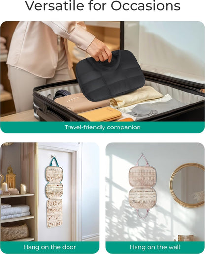 Jewelry Travel Case, Hanging Jewelry Organizer with Zipper Pockets, Large Capacity Puffy Jewelry Roll for Earrings, Necklaces, Rings on Closet, Wall, Door, Portable Travel Essentials, Black