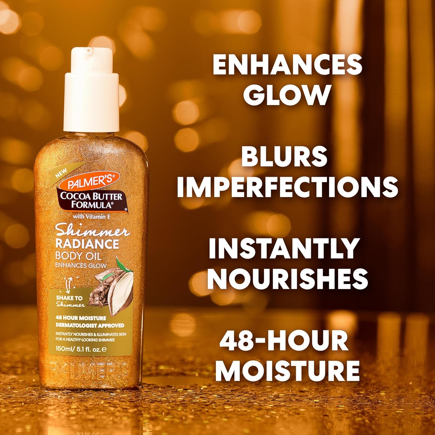 Cocoa Butter Formula Shimmer Body Oil with Vitamin E, 5.1 Fl Oz, Radiance Body Oil for Glowing Skin, Enhances Dark Tones & Tans, Hydrating