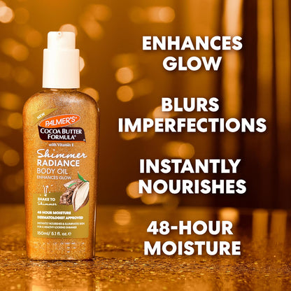Cocoa Butter Formula Shimmer Body Oil with Vitamin E, 5.1 Fl Oz, Radiance Body Oil for Glowing Skin, Enhances Dark Tones & Tans, Hydrating