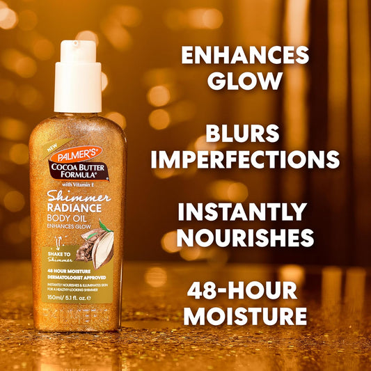 Cocoa Butter Formula Shimmer Body Oil with Vitamin E, 5.1 Fl Oz, Radiance Body Oil for Glowing Skin, Enhances Dark Tones & Tans, Hydrating
