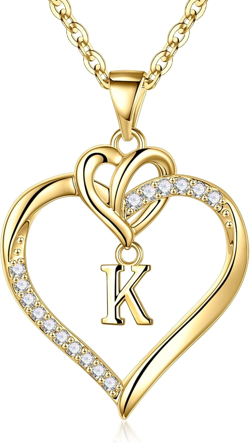 Heart Initial Necklaces for Women Girls, 14K Gold Plated Cubic Zirconia Heart Initial A-Z Pendant Necklace Dainty Heart Necklaces for Women Teen Girl Jewelry Birthday Gifts