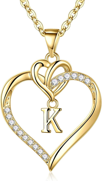 Heart Initial Necklaces for Women Girls, 14K Gold Plated Cubic Zirconia Heart Initial A-Z Pendant Necklace Dainty Heart Necklaces for Women Teen Girl Jewelry Birthday Gifts