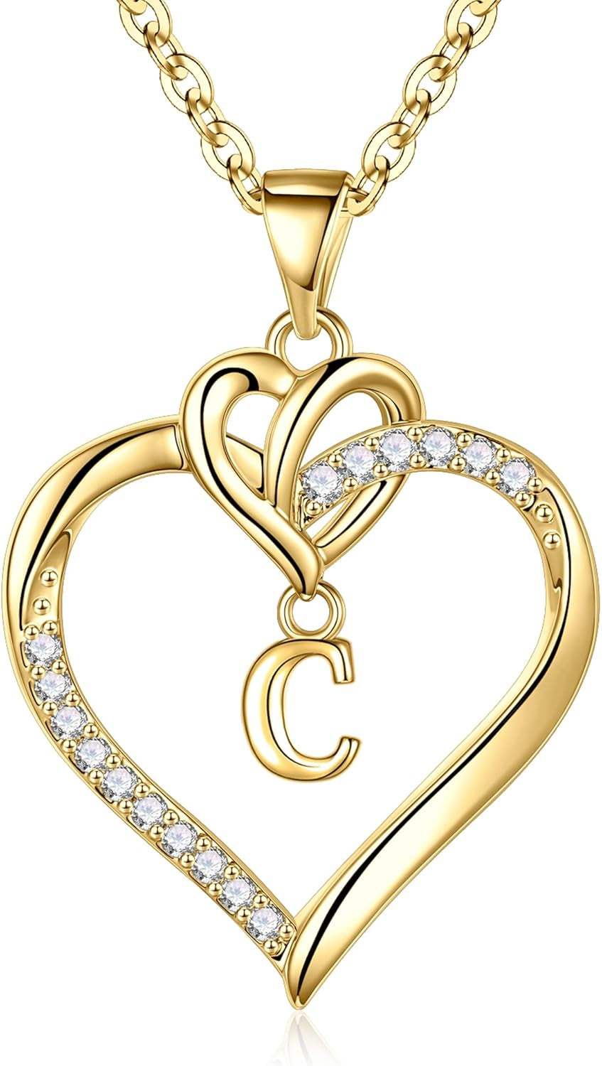 Heart Initial Necklaces for Women Girls, 14K Gold Plated Cubic Zirconia Heart Initial A-Z Pendant Necklace Dainty Heart Necklaces for Women Teen Girl Jewelry Birthday Gifts