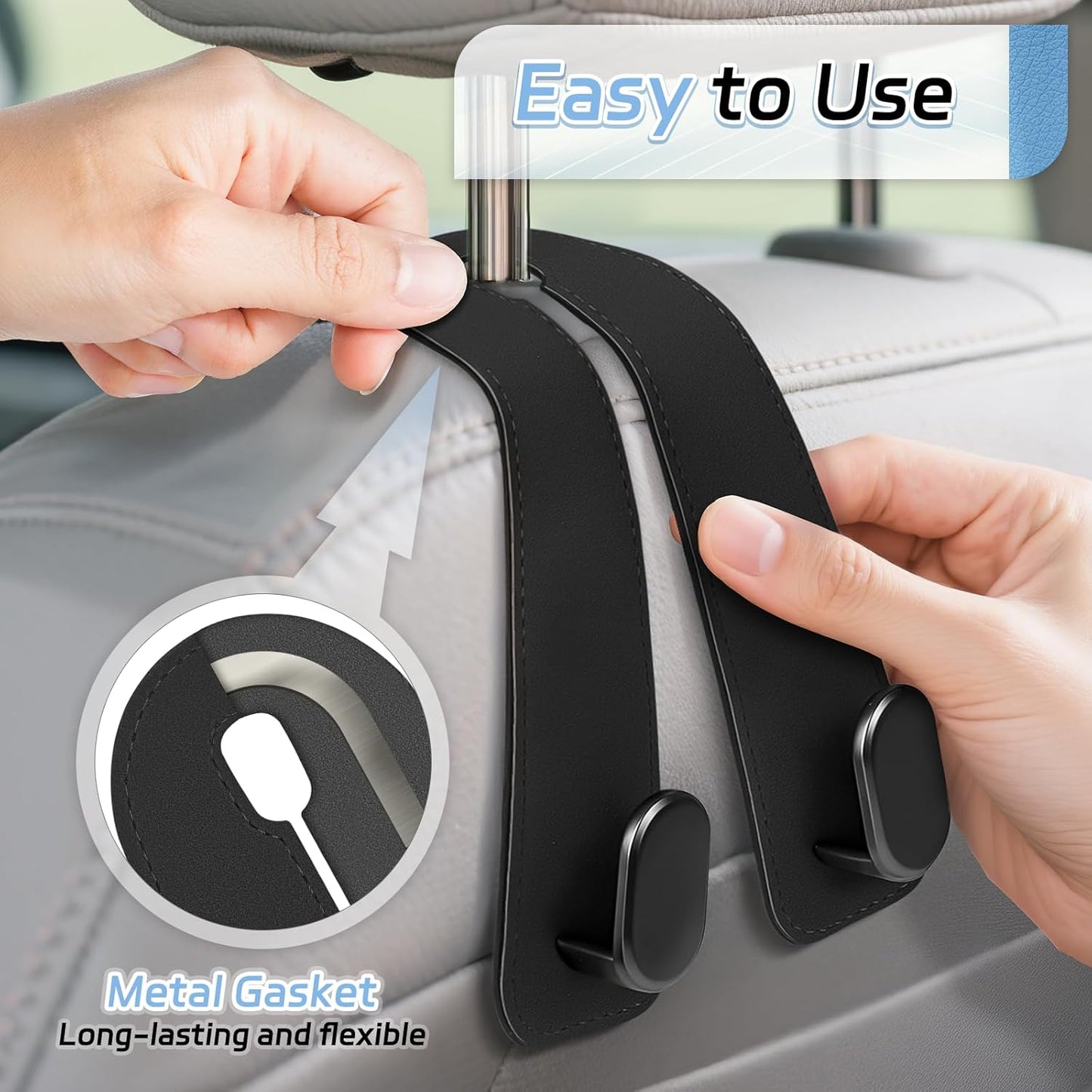 Car Seat Headrest Hooks - 2 Pack Universal Car Purse Hook, Leather Car Bag Purse Holder with Double Metal Hooks for Handbags, Grocery Bags, Bottles, Phones
