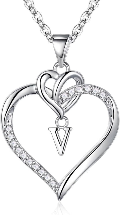 Heart Initial Necklaces for Women Girls, 14K Gold Plated Cubic Zirconia Heart Initial A-Z Pendant Necklace Dainty Heart Necklaces for Women Teen Girl Jewelry Birthday Gifts