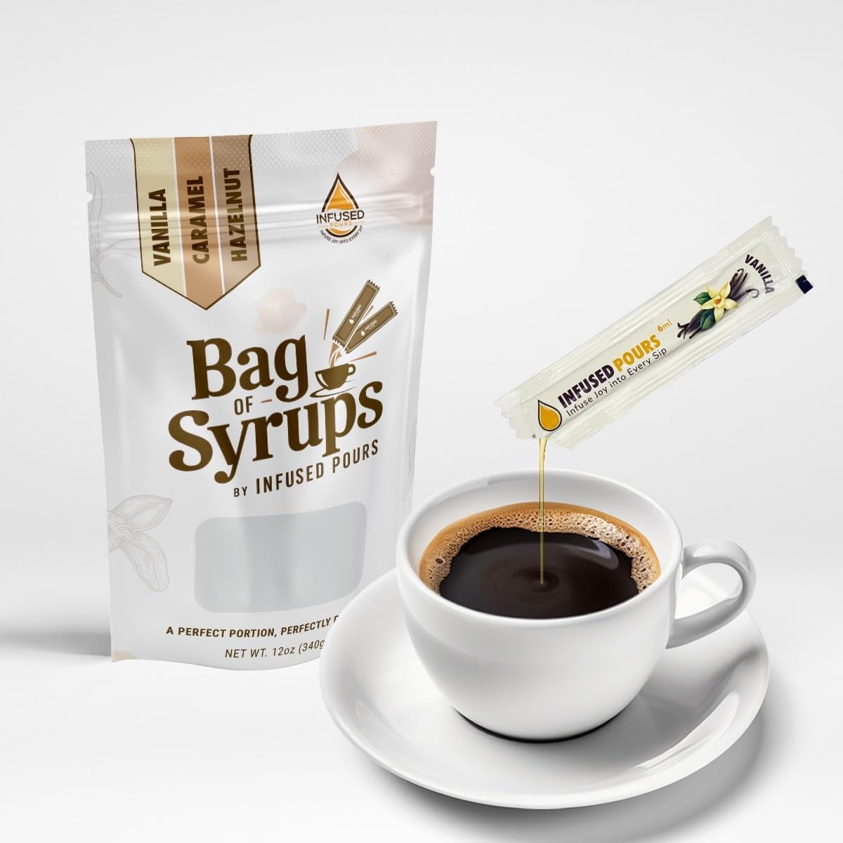 Single Serving Syrup Packets, Variety Pack, for Coffee and Cocktails - Flavors (10 Each): Vanilla, Caramel, Hazelnut - 6Ml Each, 30 Count - Bag of Syrups by