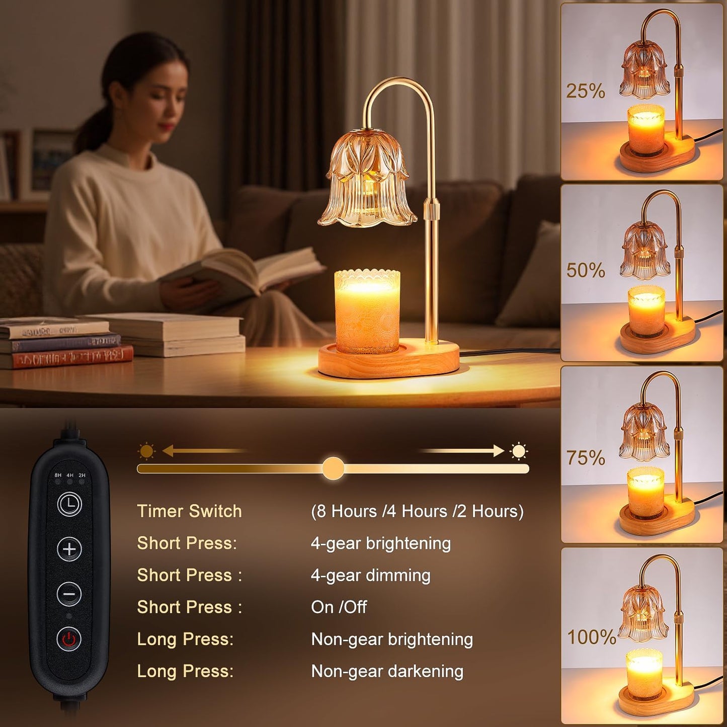 Candle Warmer Lamp Adjustable Timer - Electric Flower Glass Candles Warmers Adjustable Height Dimmable Vintage Base Modern Wax Candles Top Warmers for Small Jar Scented Wax Melts