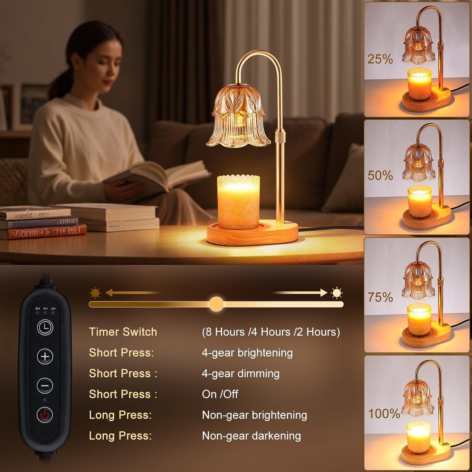 Candle Warmer Lamp Adjustable Timer - Electric Flower Glass Candles Warmers Adjustable Height Dimmable Vintage Base Modern Wax Candles Top Warmers for Small Jar Scented Wax Melts