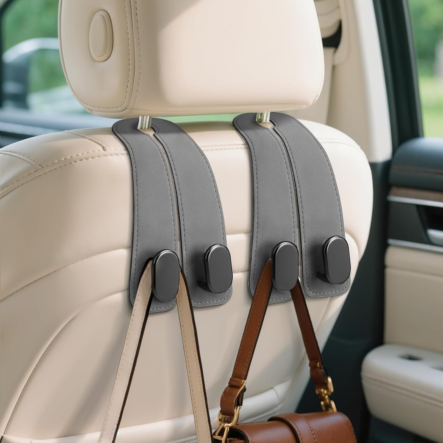 Car Seat Headrest Hooks - 2 Pack Universal Car Purse Hook, Leather Car Bag Purse Holder with Double Metal Hooks for Handbags, Grocery Bags, Bottles, Phones