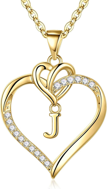 Heart Initial Necklaces for Women Girls, 14K Gold Plated Cubic Zirconia Heart Initial A-Z Pendant Necklace Dainty Heart Necklaces for Women Teen Girl Jewelry Birthday Gifts