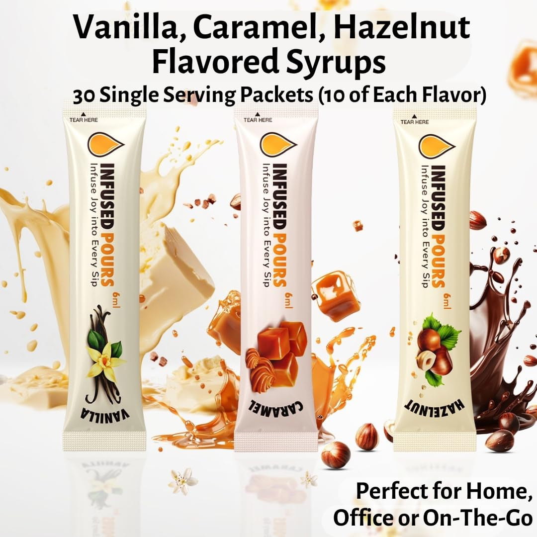 Single Serving Syrup Packets, Variety Pack, for Coffee and Cocktails - Flavors (10 Each): Vanilla, Caramel, Hazelnut - 6Ml Each, 30 Count - Bag of Syrups by