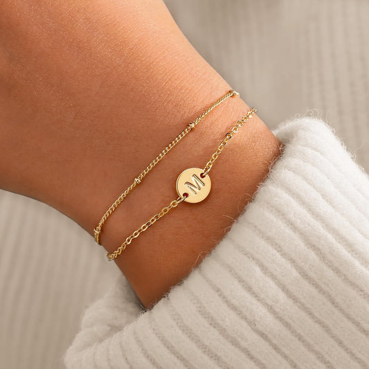 Gold Bracelets for Women Jewelry Gifts - Dainty 18K Real Gold Plated Disc Monogram Letter A-Z Initial Bracelets for Women Trendy Personalized Letter Bracelet Jewelry Gifts for Her