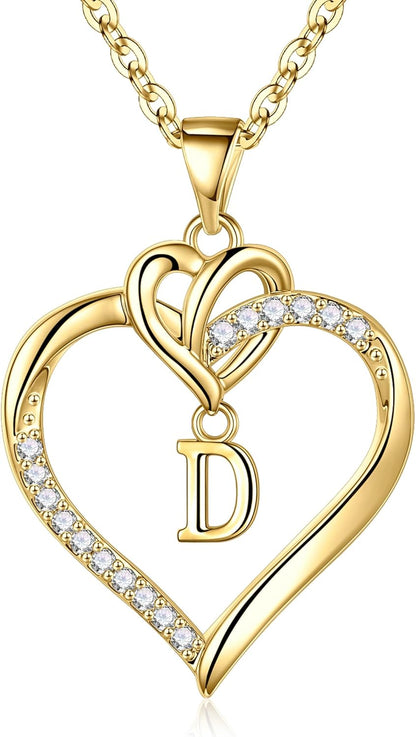 Heart Initial Necklaces for Women Girls, 14K Gold Plated Cubic Zirconia Heart Initial A-Z Pendant Necklace Dainty Heart Necklaces for Women Teen Girl Jewelry Birthday Gifts
