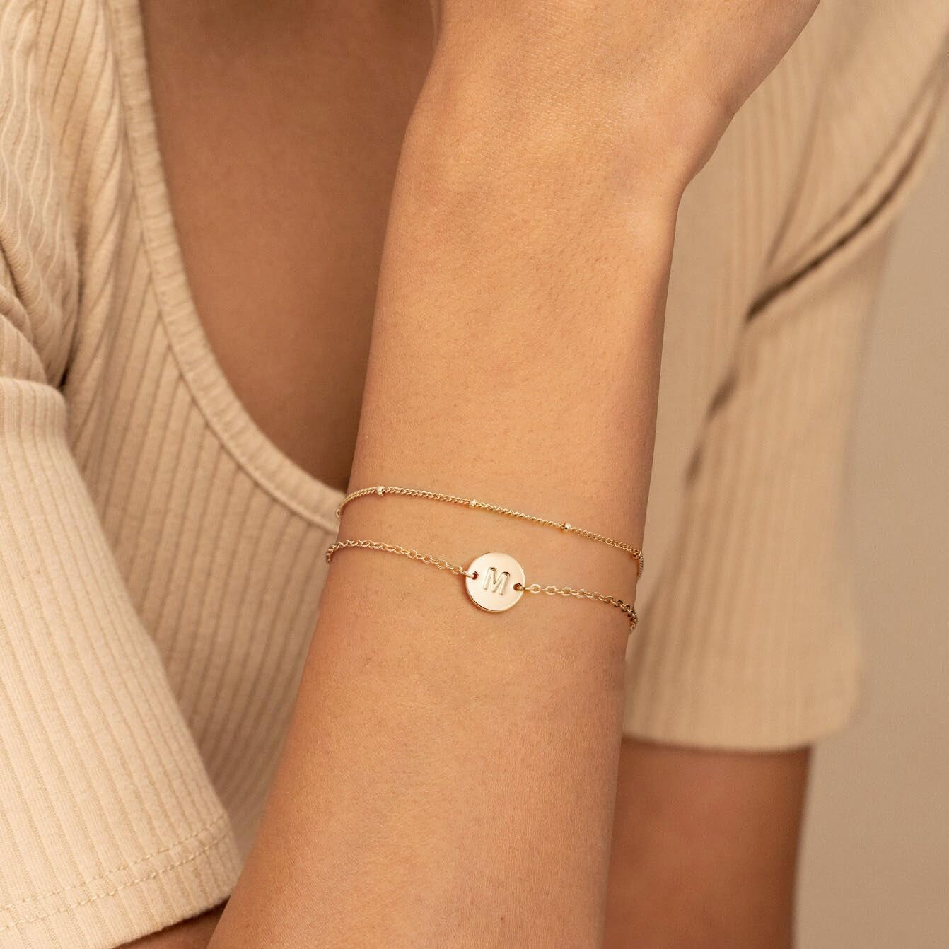 Gold Bracelets for Women Jewelry Gifts - Dainty 18K Real Gold Plated Disc Monogram Letter A-Z Initial Bracelets for Women Trendy Personalized Letter Bracelet Jewelry Gifts for Her