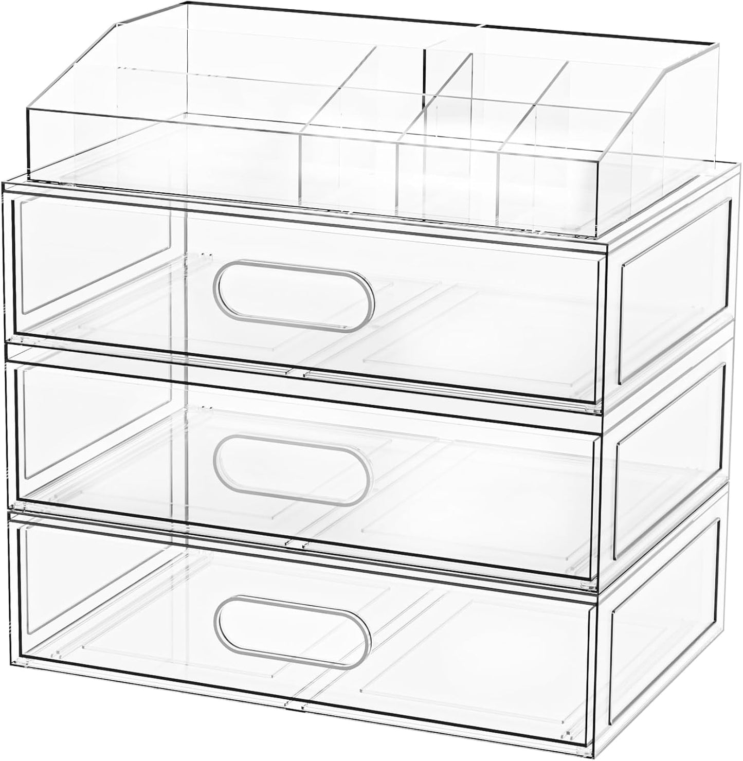 Clear Stackable Makeup Organizer with Drawer, 12''W Acrylic Storage Drawers, Cosmetic Display Case for Vanity Bathroom Countertop, Beauty Holder for Lipstick Brush Skincare Perfume