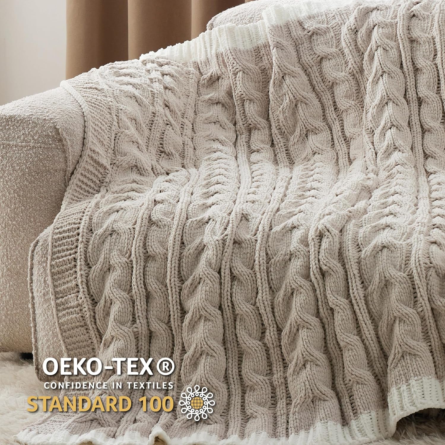Cable Knit Throw Blanket for Couch Bed - Breathable Chenille Chunky Knit Throw Blanket for Decorative Gift, Gentlesoft Cozy and Warm for Winter and All Seasons, Beige, 50X60 Inches