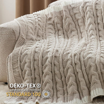 Cable Knit Throw Blanket for Couch Bed - Breathable Chenille Chunky Knit Throw Blanket for Decorative Gift, Gentlesoft Cozy and Warm for Winter and All Seasons, Beige, 50X60 Inches