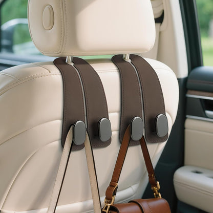 Car Seat Headrest Hooks - 2 Pack Universal Car Purse Hook, Leather Car Bag Purse Holder with Double Metal Hooks for Handbags, Grocery Bags, Bottles, Phones