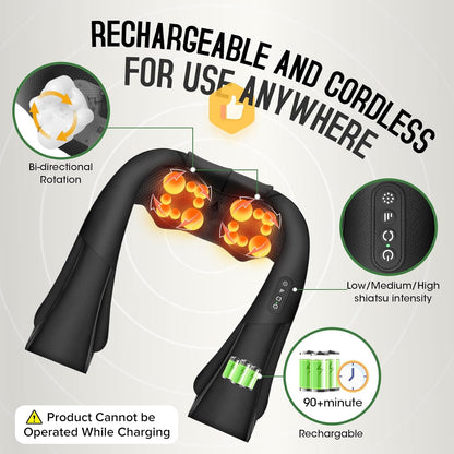 Cordless Shiatsu Neck and Shoulder Massager, Back Massager with Heat,Massage Deeper Tissue 4D Kneading Massage for Shoulder, Neck and Back, Use at Home, Office, Car - Gifts for Fathers Day Dad Gift
