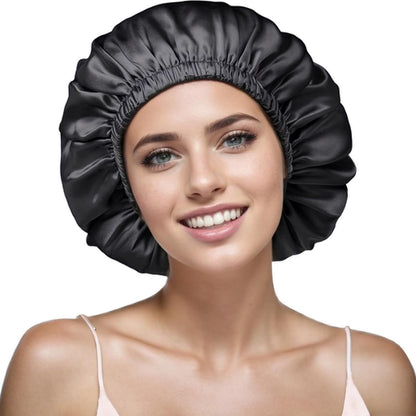 Satin Bonnet Silk Bonnet for Sleeping Women and Men, Ajustable Hair Bonnet for Curly Hair with Double Layer Hair Bonnet,Black - Black,Medium