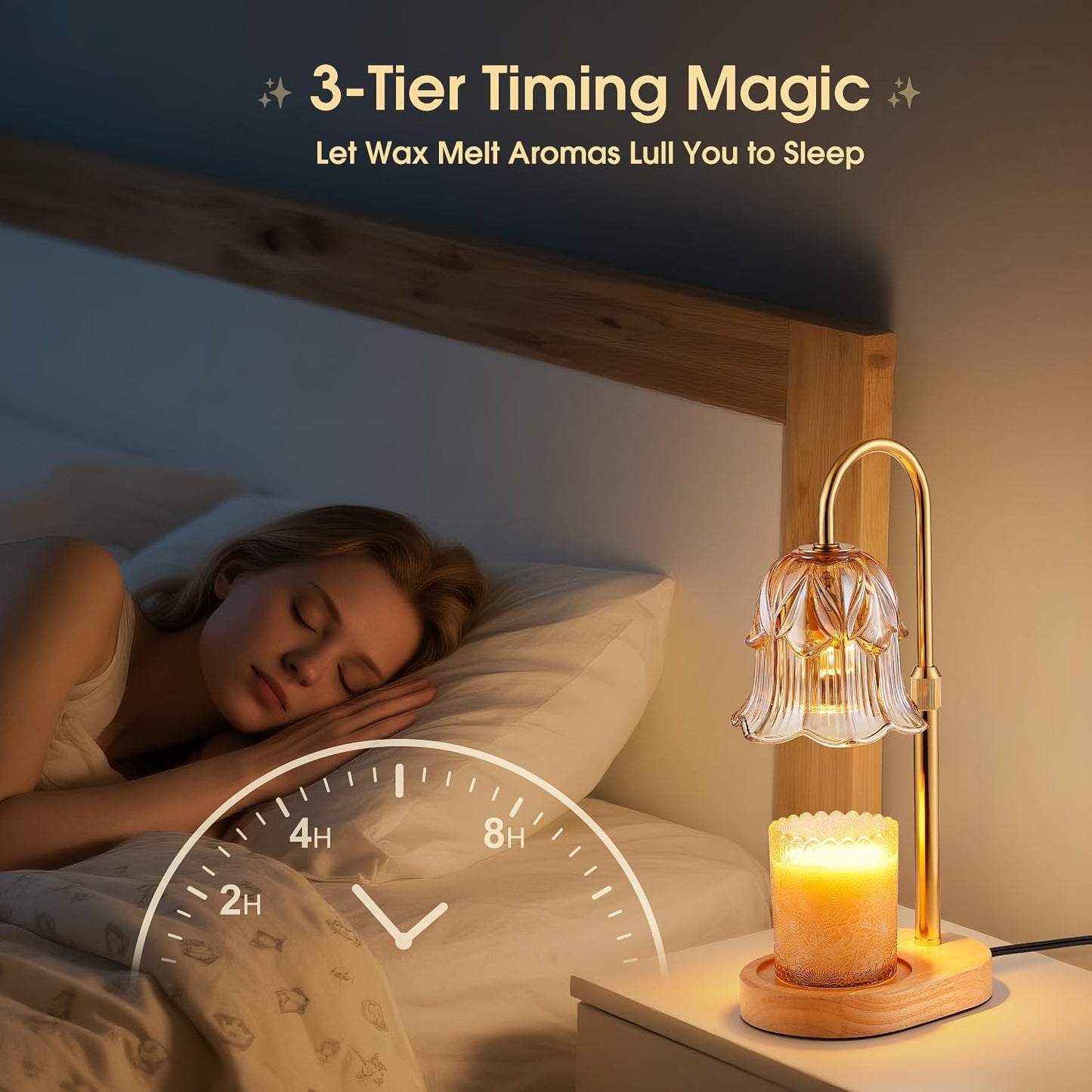 Candle Warmer Lamp Adjustable Timer - Electric Flower Glass Candles Warmers Adjustable Height Dimmable Vintage Base Modern Wax Candles Top Warmers for Small Jar Scented Wax Melts