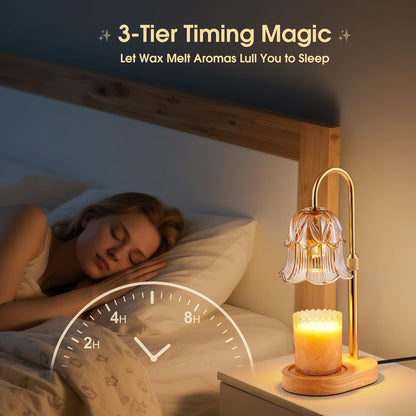 Candle Warmer Lamp Adjustable Timer - Electric Flower Glass Candles Warmers Adjustable Height Dimmable Vintage Base Modern Wax Candles Top Warmers for Small Jar Scented Wax Melts