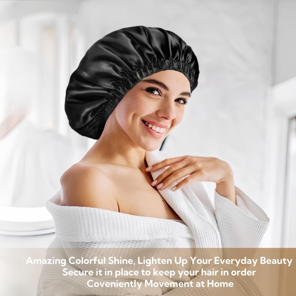 Satin Bonnet Silk Bonnet for Sleeping Women and Men, Ajustable Hair Bonnet for Curly Hair with Double Layer Hair Bonnet,Black - Black,Medium