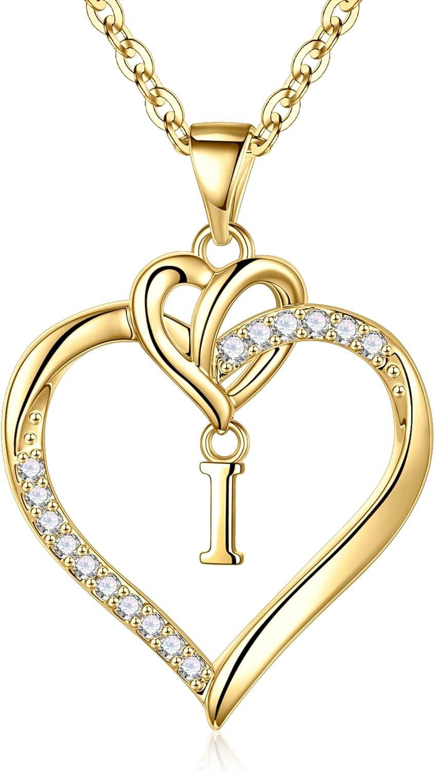Heart Initial Necklaces for Women Girls, 14K Gold Plated Cubic Zirconia Heart Initial A-Z Pendant Necklace Dainty Heart Necklaces for Women Teen Girl Jewelry Birthday Gifts