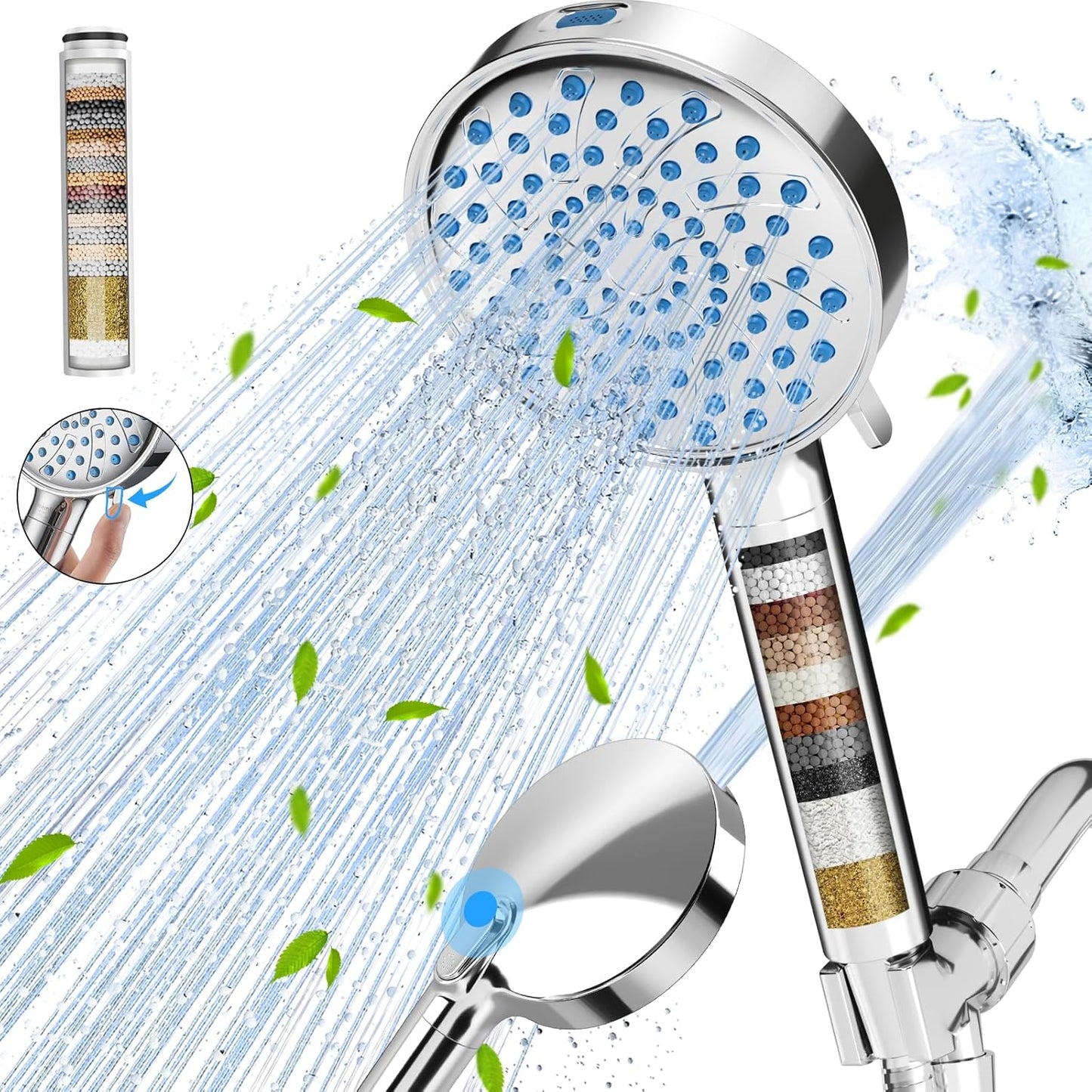 Filtered Shower Head with Handheld, High Pressure 6 Spray Mode Showerhead with Filters, Water Softener Filters Beads for Hard Water - Remove Chlorine - Reduces Dry Itchy Skin, Chrome