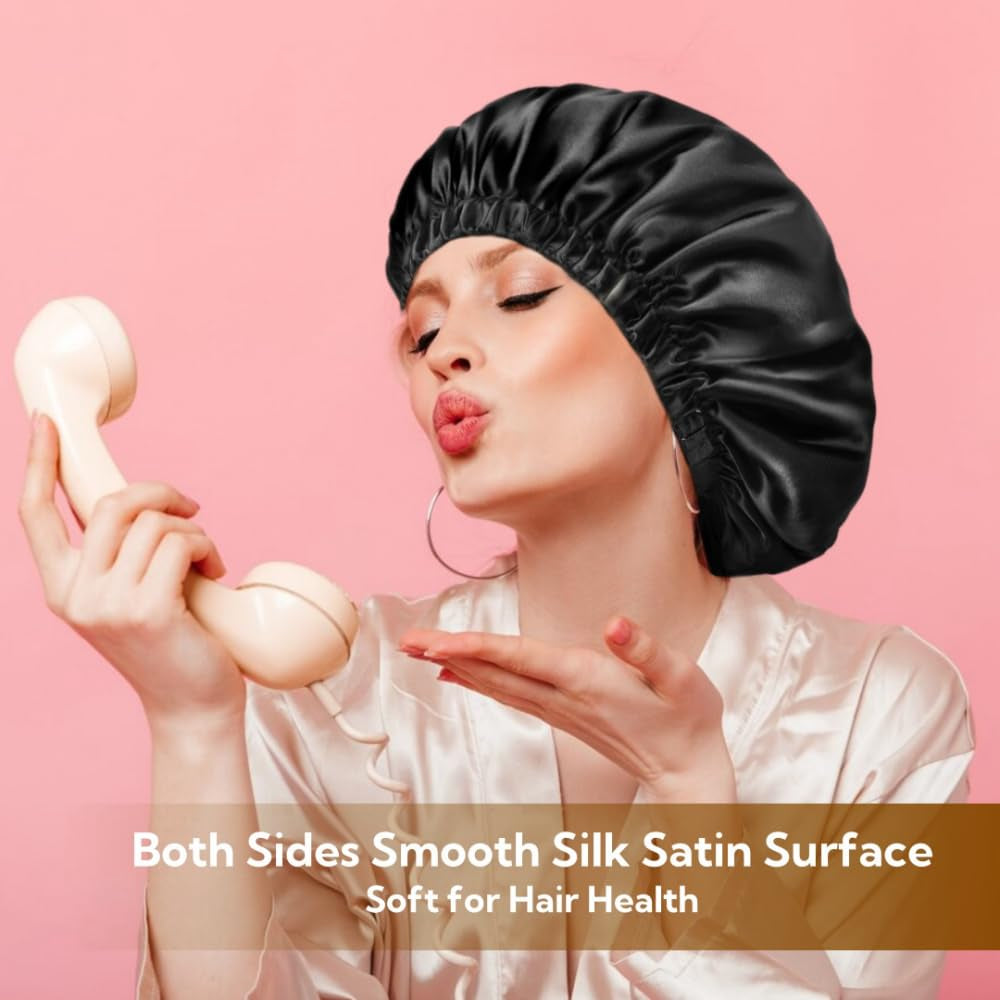 Satin Bonnet Silk Bonnet for Sleeping Women and Men, Ajustable Hair Bonnet for Curly Hair with Double Layer Hair Bonnet,Black - Black,Medium